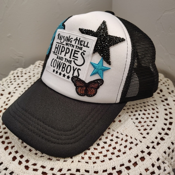 Western vibe patches on black mesh trucker hat Hippies And Cowboys Butterfly - Picture 2 of 4